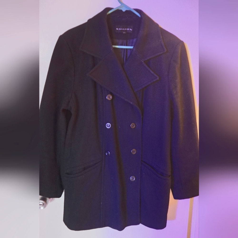 Black wool, thigh length pea coat. Size 14.